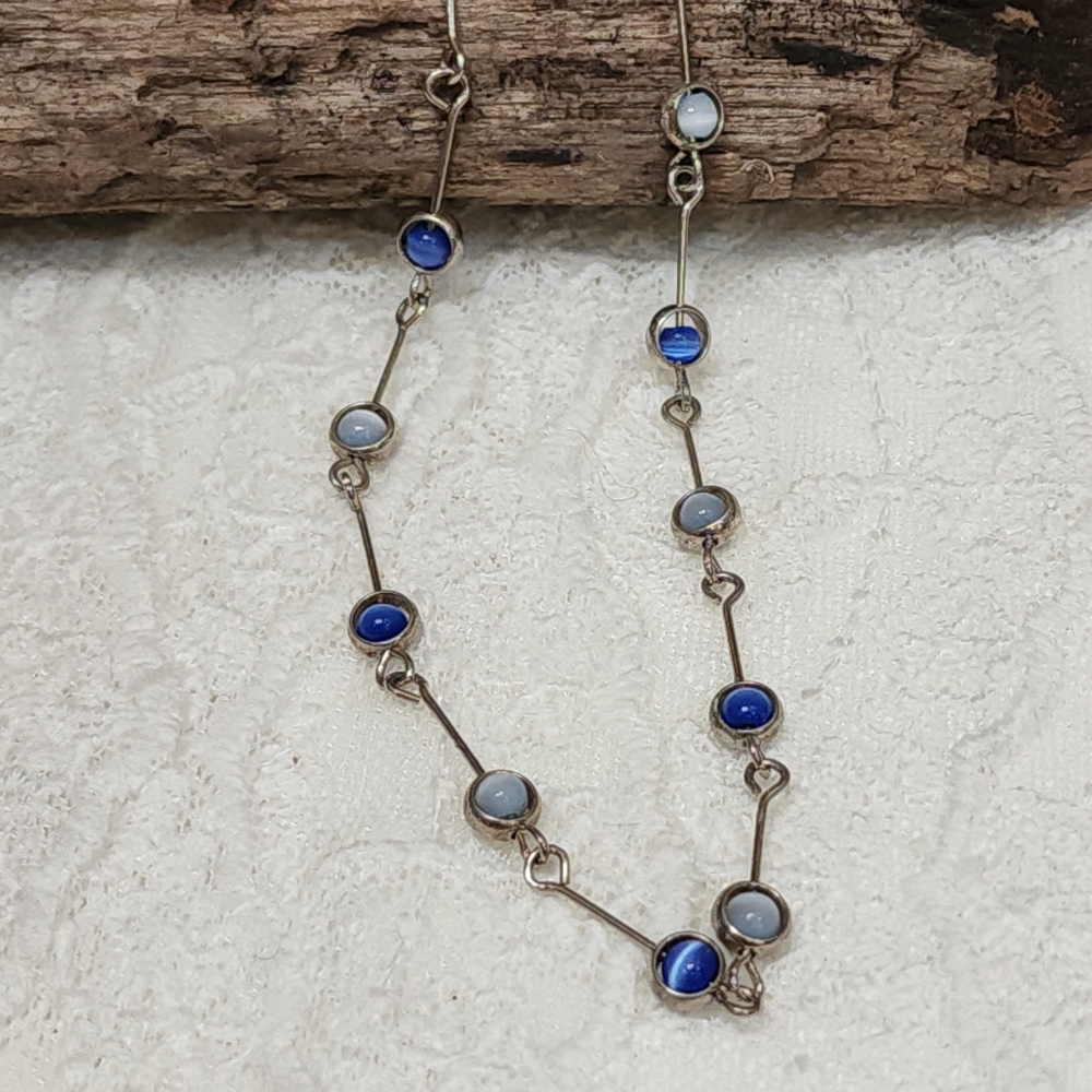 Silver Toned Choker Collar Necklace With Blue Cats Eye Beads